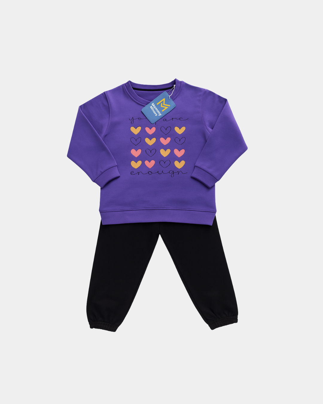 Girls "You Are Enough" Heart Sweatshirt Set - Purple Top with Black Joggers | Mommy Minors